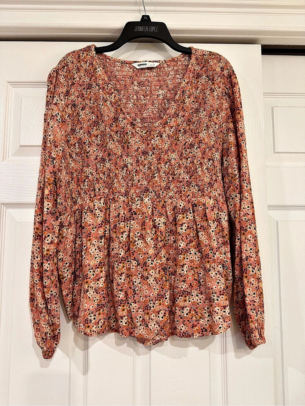 Sonoma Floral Long Sleeve Stretchy Smock Style Blouse. Orange Multi-Color. L